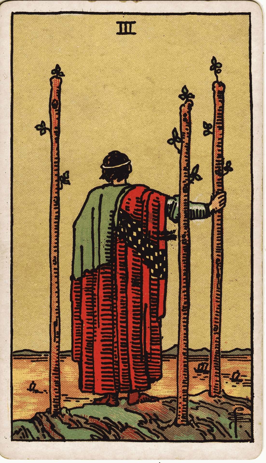 Three of Wands tarot card reversed - representing blocked progress and delays in readings